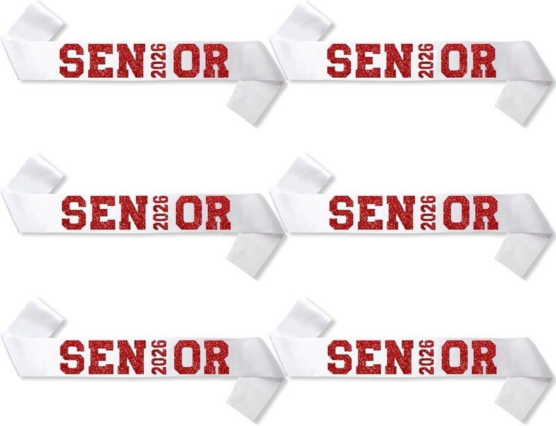 Partyprops 6Pcs White Senior 2026 Satin Sashes with Red Glitter Letters Senior 2026 Decorations - 2026 Graduation Celebrations Sashes - Senior Cheer Sash - Cheerleader Sash - Class Competition Sashes - Image 1